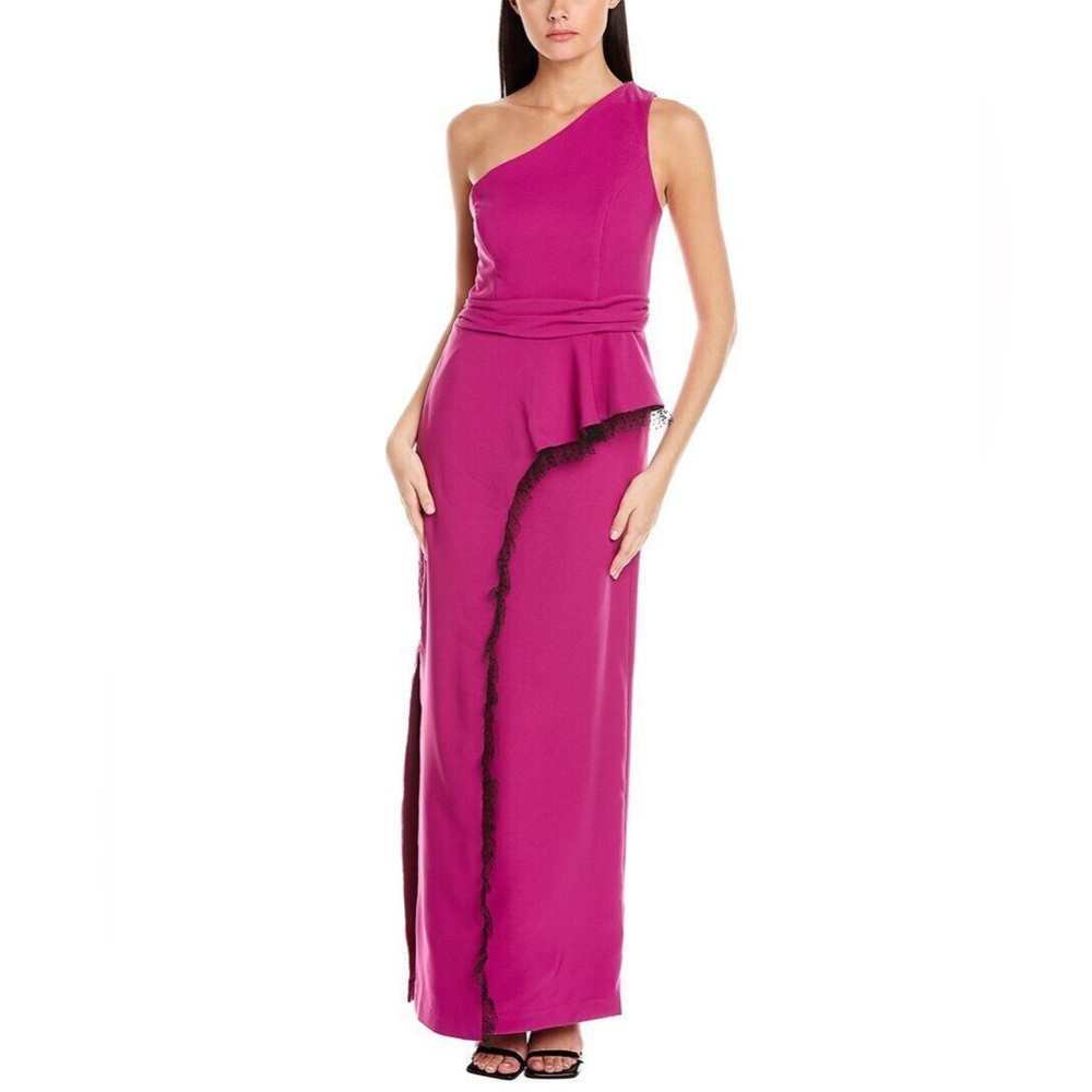 JS Collections Cerise Fuchsia And Black Lace Hayley A-Line Gown